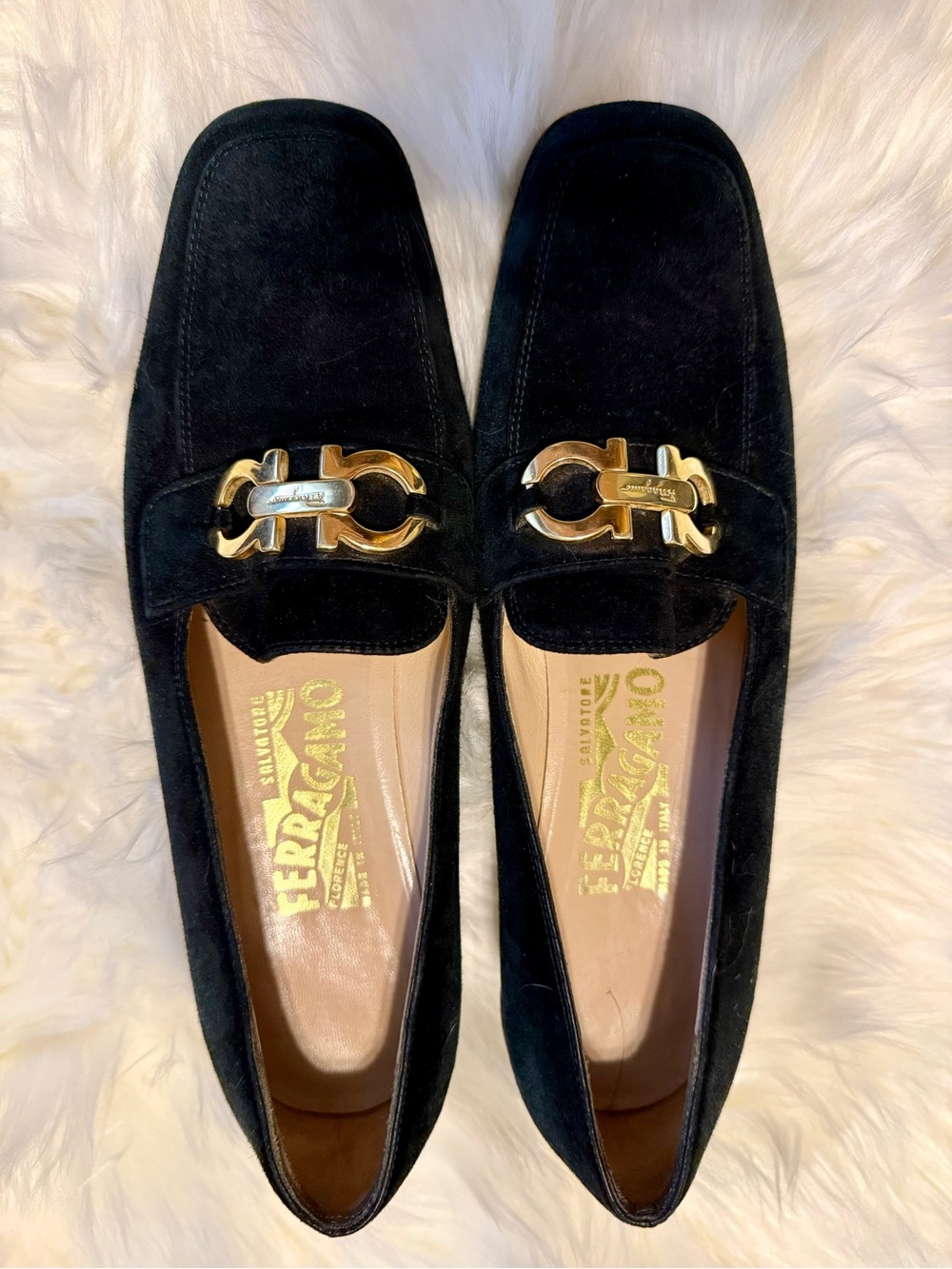 Salvatore Ferragamo Black Suede Loafers with Gold Gancini Hardware Size 7.5